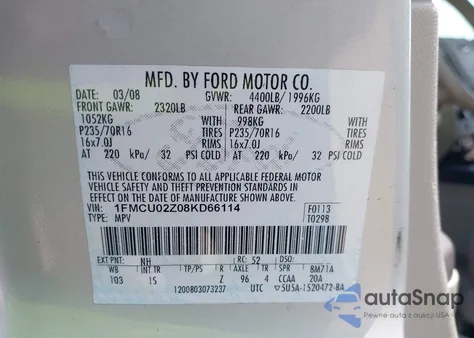 2008 Ford Escape Xls/Xls Manual from USA, damaged, VIN 1FMCU02Z08KD66114